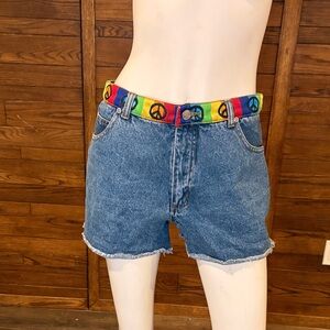 Vintage Blue Denim Jean Shorts with Rainbow Peace Belt